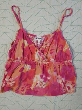 Abound Pink Orange Floral Spaghetti Strap V-Neck Babydoll Cropped Top